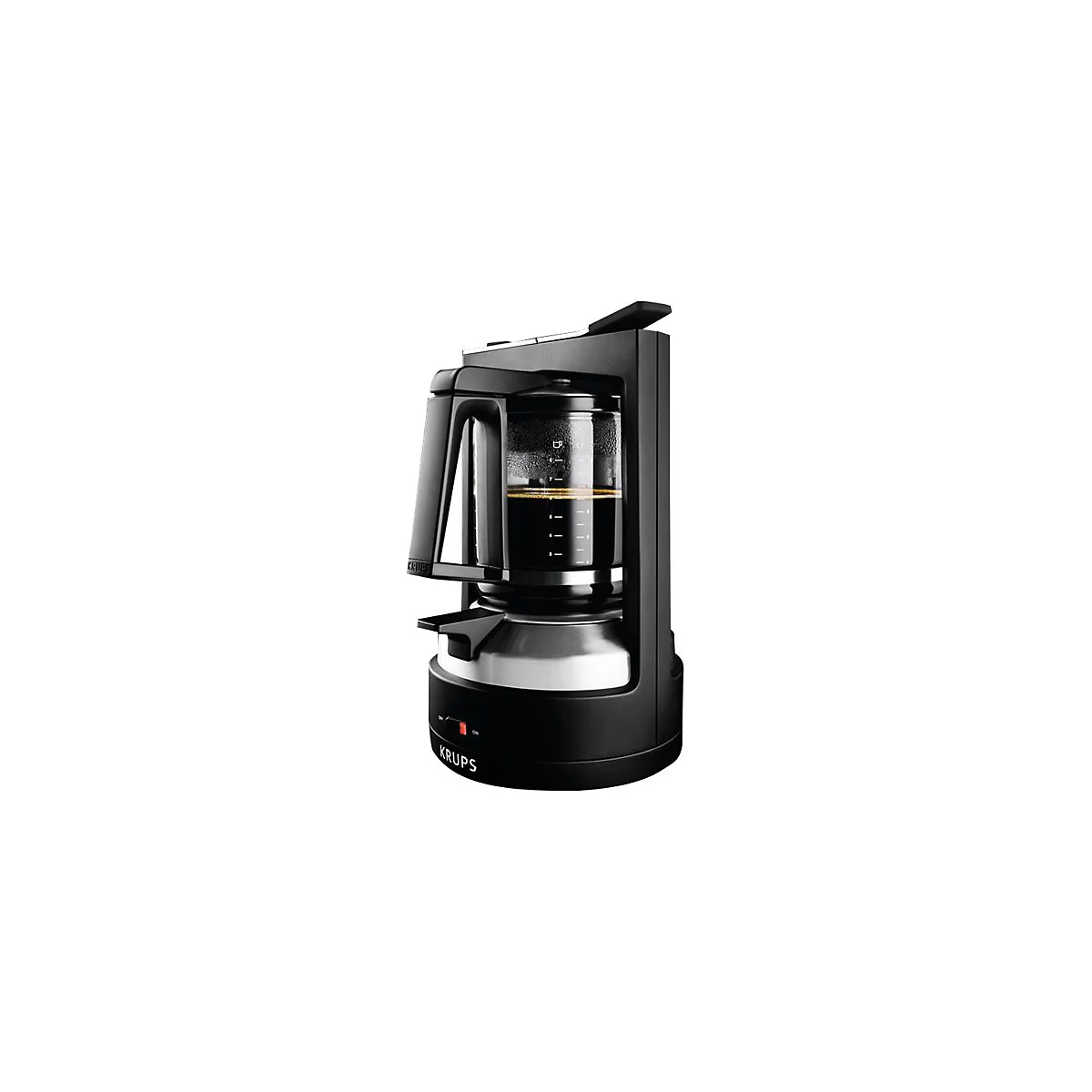 Schwarze Krups Kaffeemaschine mit Glaskanne vor weißem Hintergrund.
