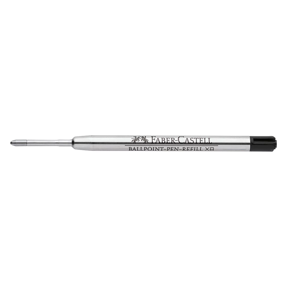 Ballpoint pen refill by Faber-Castell. The shaft is silver, with black at the end.