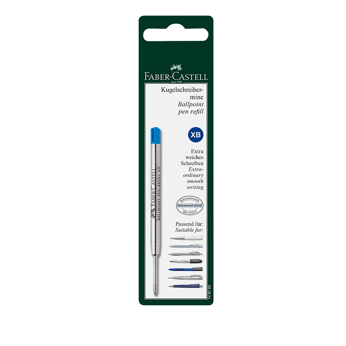 Faber-Castell ballpoint pen refill. On dark green packaging, pen with blue ink end, text: Ballpoint pen refill.