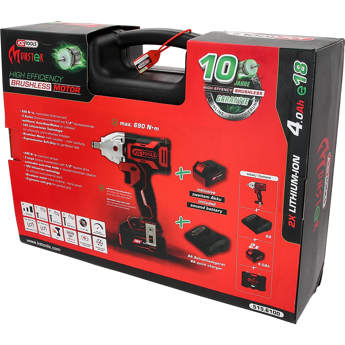 KS Tools Akku-Schlagschrauber im Karton mit 18V, bürstenlosem Motor, zwei 4.0Ah Akkus und Ladegerät.