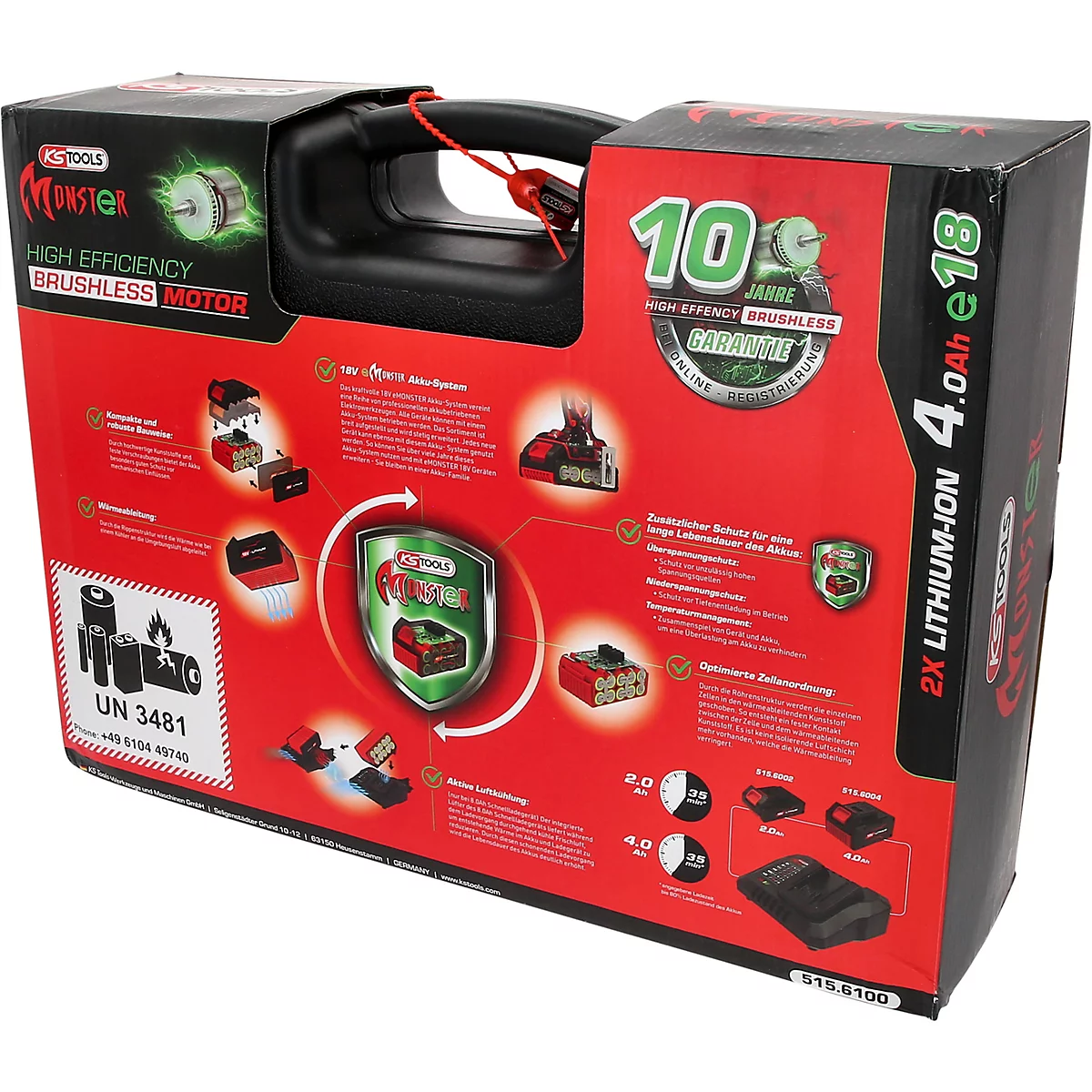 Kartonverpackung von KS Tools mit Informationen zu bürstenlosem Motor, Lithium-Ionen-Akkus und technischer Garantie.