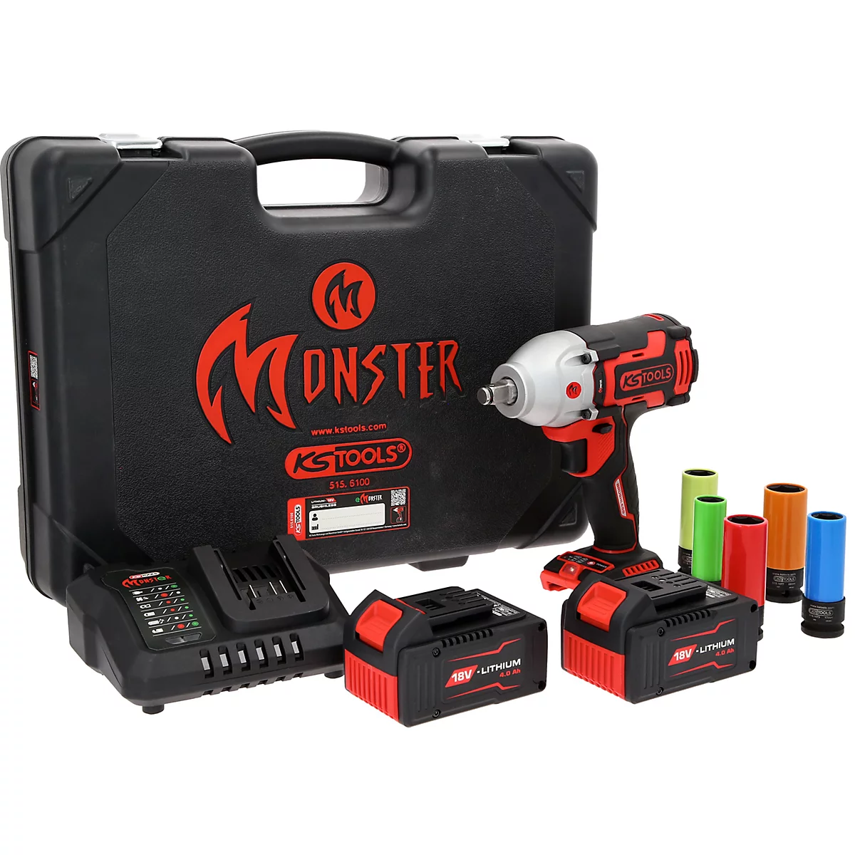 KS Tools Monster Akku-Schlagschrauber Set mit Koffer, Ladegerät, zwei Akkus und farbigen Stecknüssen.
