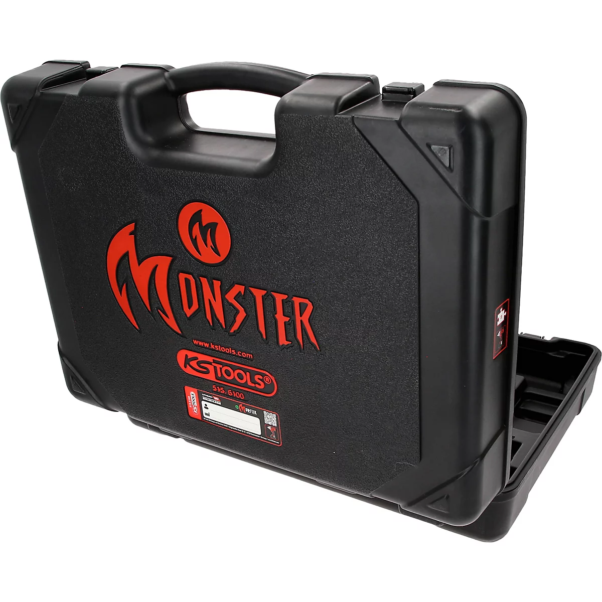 Schwarzer, teilgeöffneter Werkzeugkoffer aus Kunststoff mit rotem Monster-Schriftzug und KS Tools Logo.