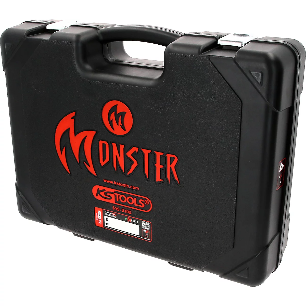 Schwarzer Werkzeugkoffer aus Kunststoff mit rotem Monster-Schriftzug und KS Tools Logo vor neutralem Hintergrund.