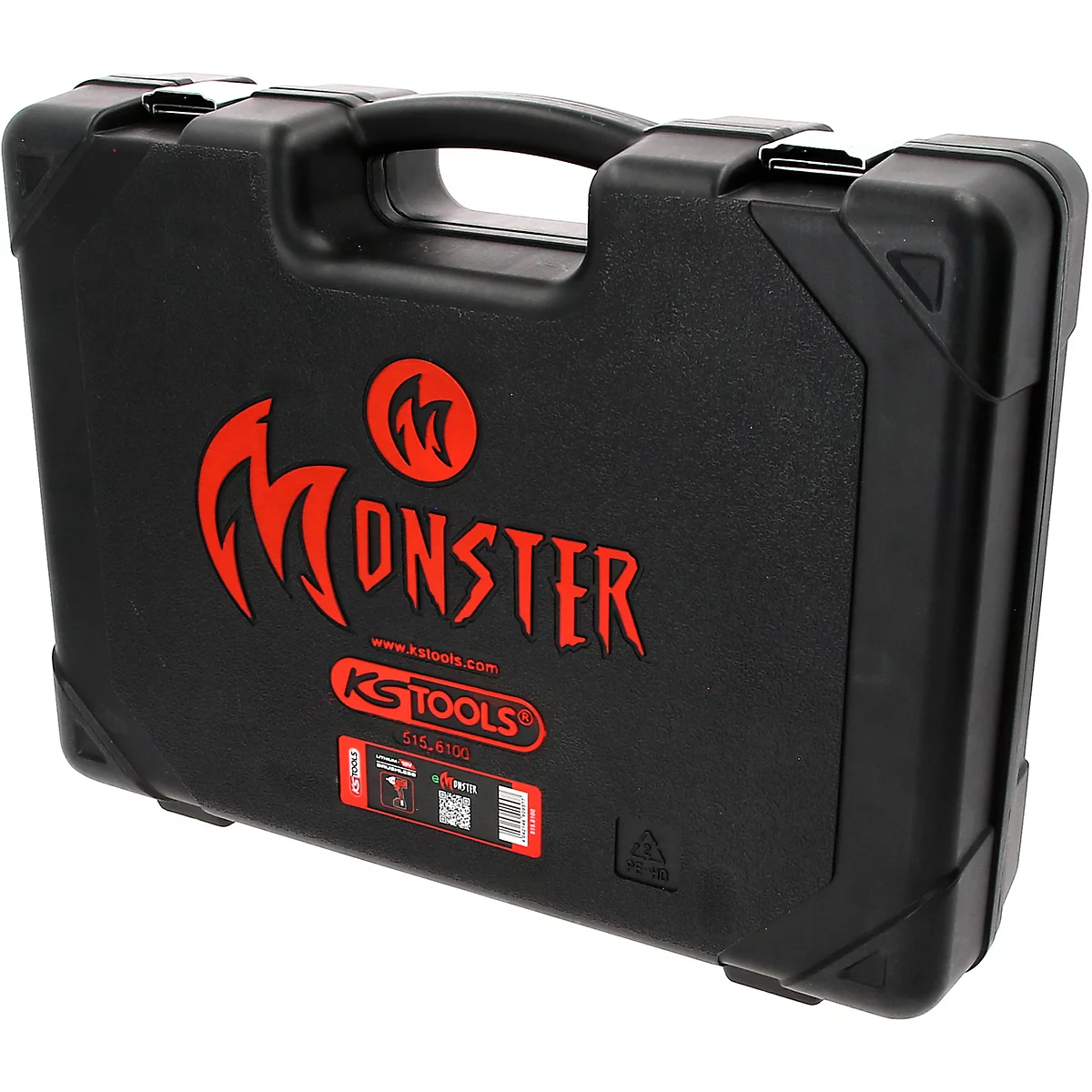 Schwarzer Werkzeugkoffer aus Kunststoff mit rotem Monster-Logo und KS Tools Schriftzug.