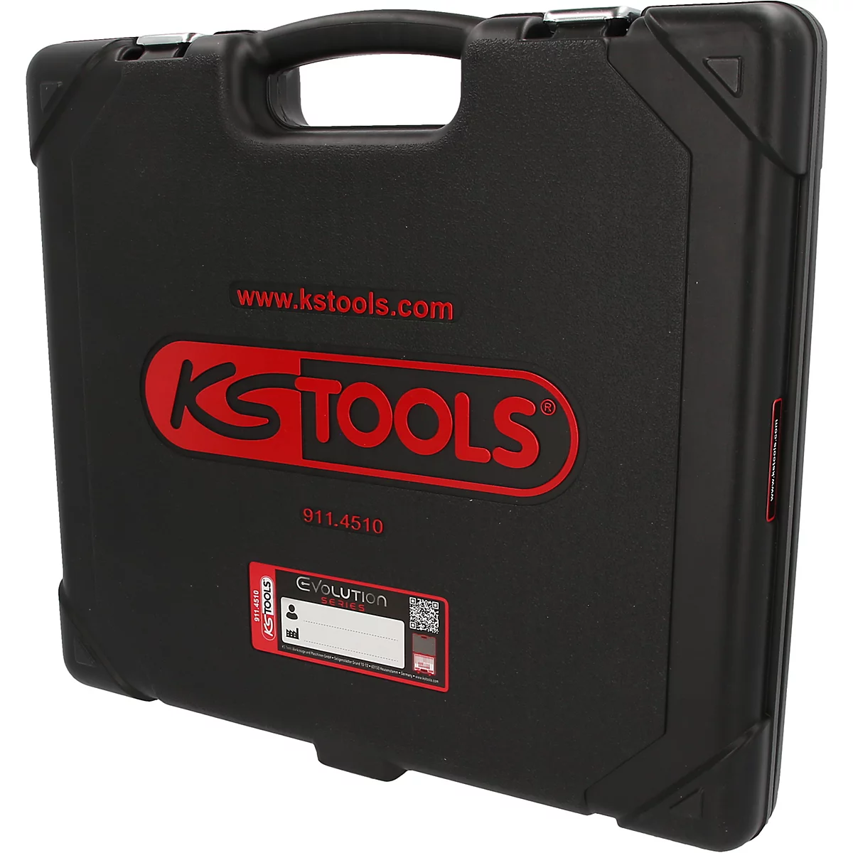 Schwarzer Werkzeugkoffer aus Kunststoff mit rotem KS Tools Logo und Website-Aufdruck.