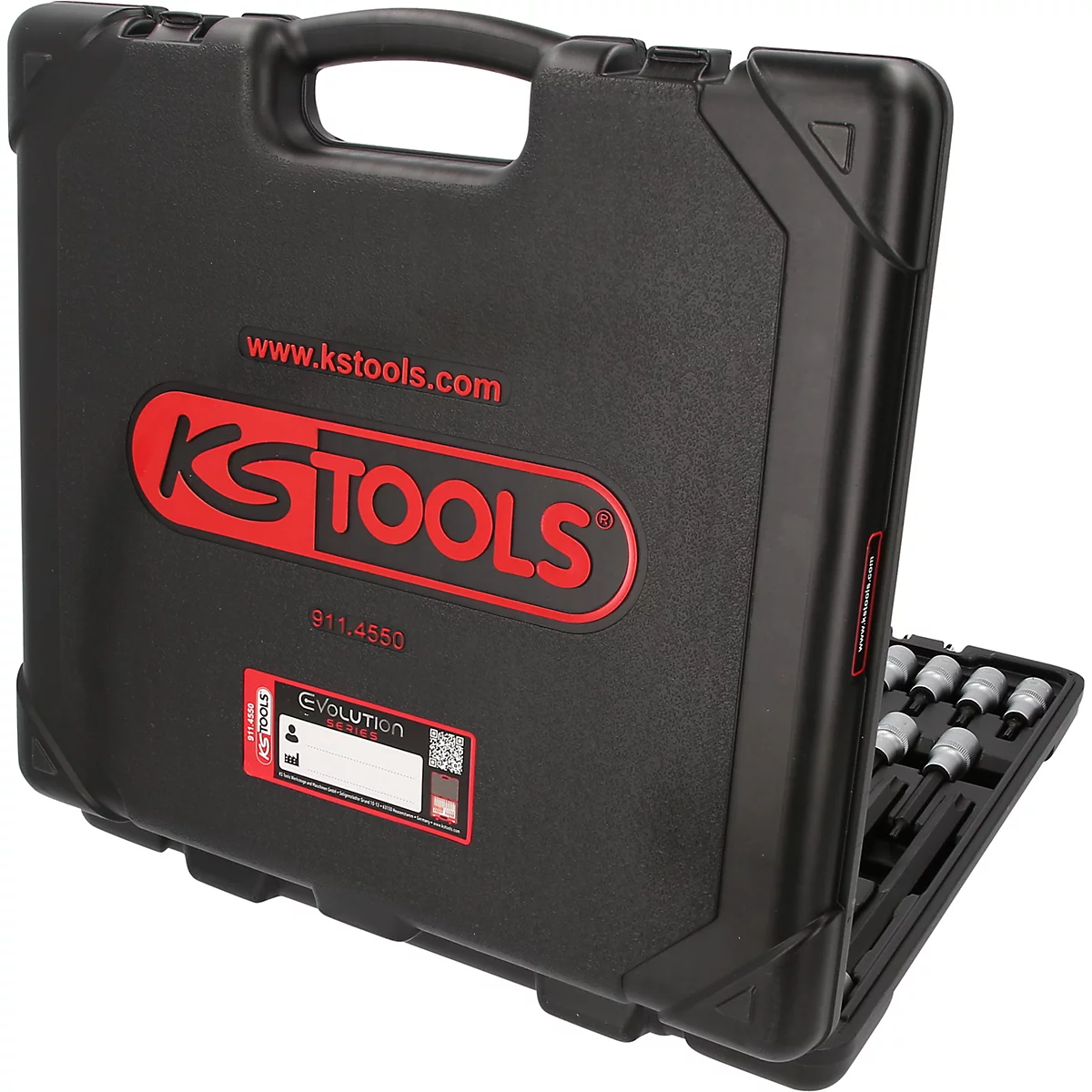 Schwarzer Werkzeugkoffer von KS Tools mit rotem Logo und Label, leicht geöffnet.