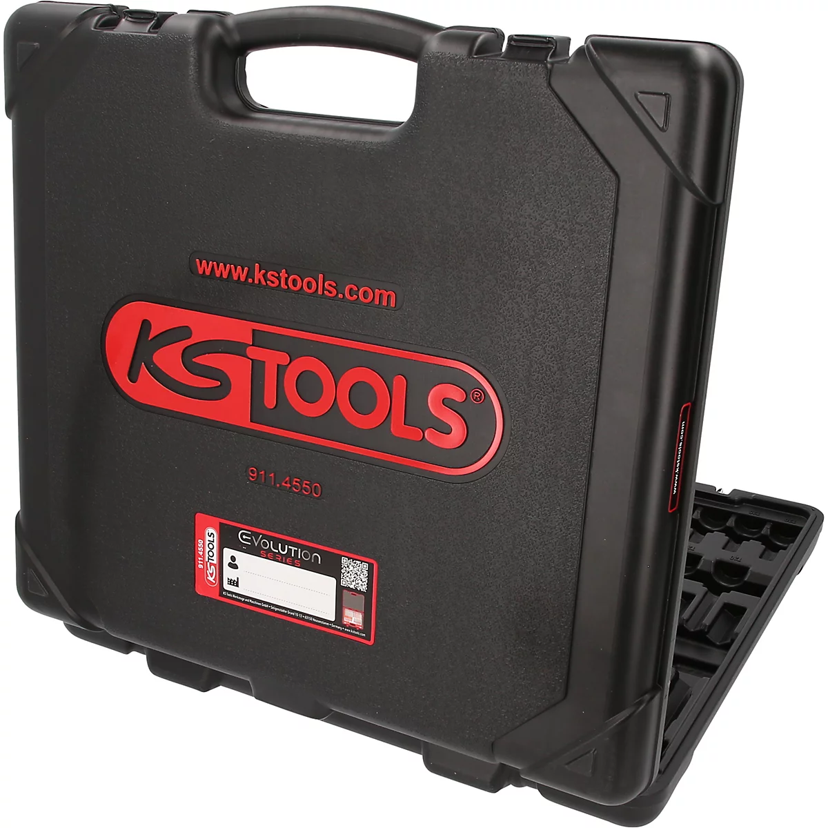 Schwarzer Kunststoff-Werkzeugkoffer von KS Tools mit rotem Logo auf der Vorderseite.