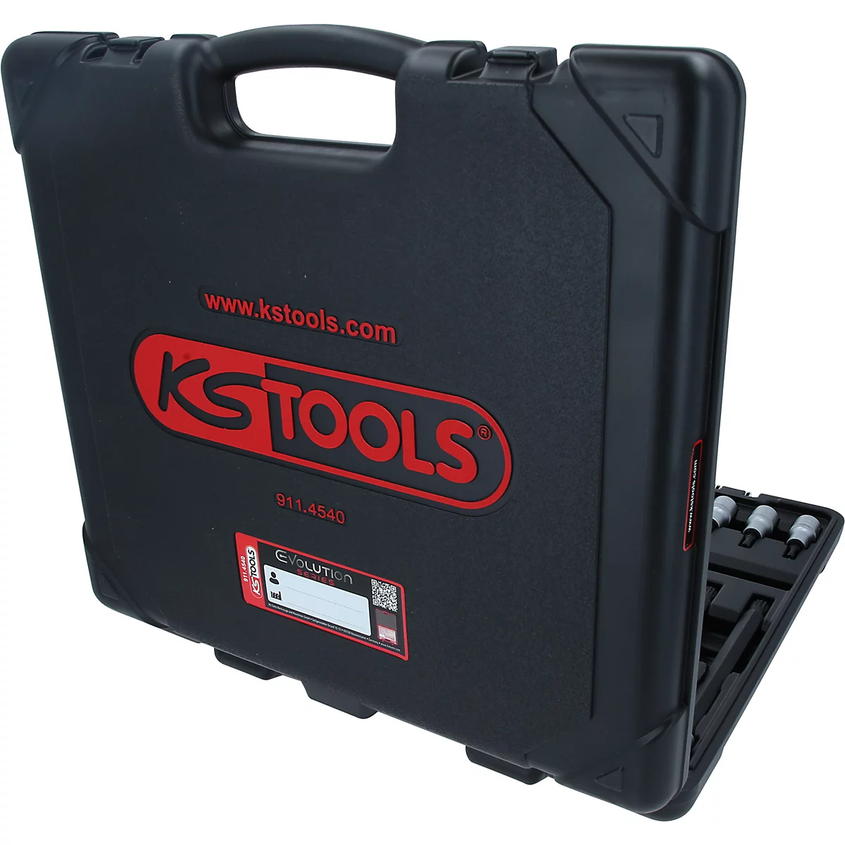 Schwarzer Werkzeugkoffer von KS Tools mit rotem Logo und Schriftzug, halb geöffnet.