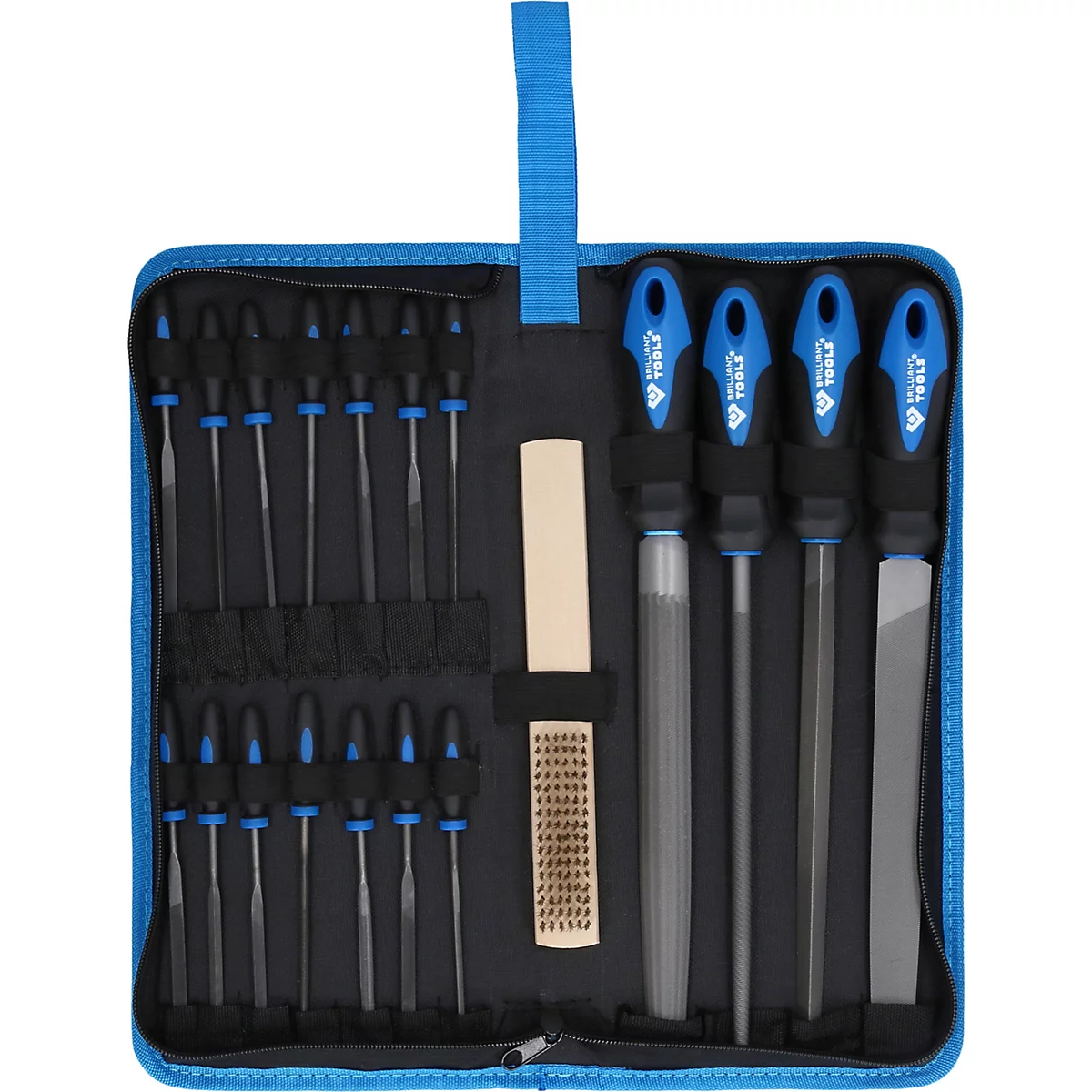 Feilenset bestehend aus mehreren kleinen und vier grossen Feilen sowie einer Drahtbürste in einer blauen Tasche.