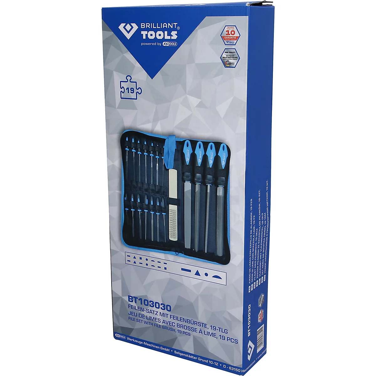 Brilliant Tools Feilen-Satz 19-tlg in einer blauen Verkaufsschachtel mit Abbildung der Werkzeuge.
