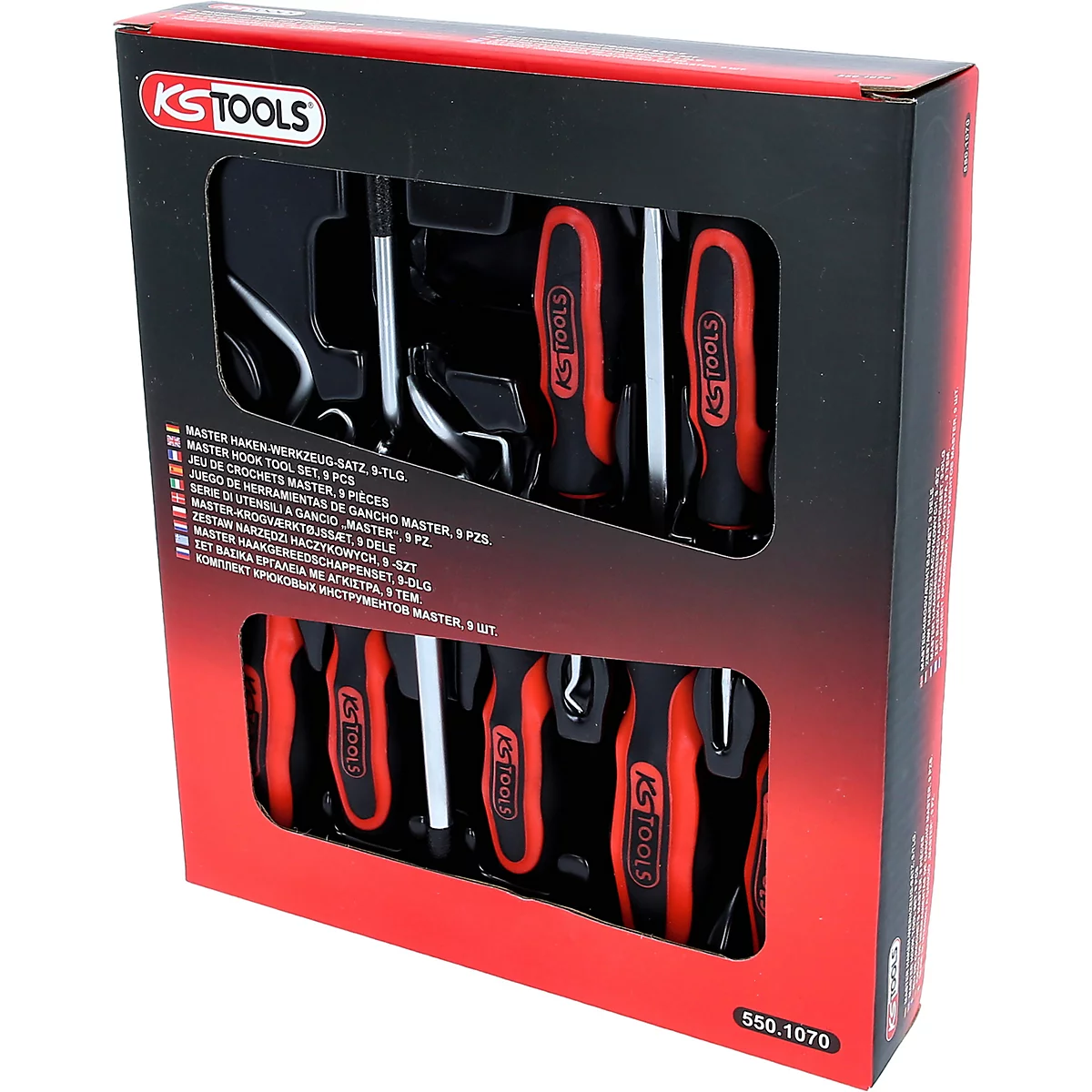 KS Tools Hakensatz 9-teilig in schwarz-roter Verpackung mit Sichtfenster.