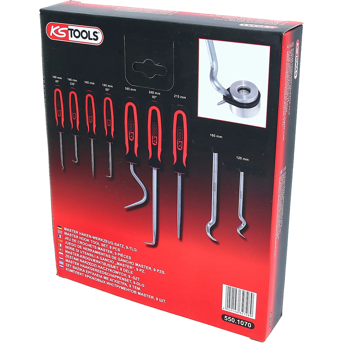 KS Tools Master Haken-Werkzeug-Satz in einer schwarz-roten Verpackung mit Abbildungen der neun verschiedenen Werkzeuge.