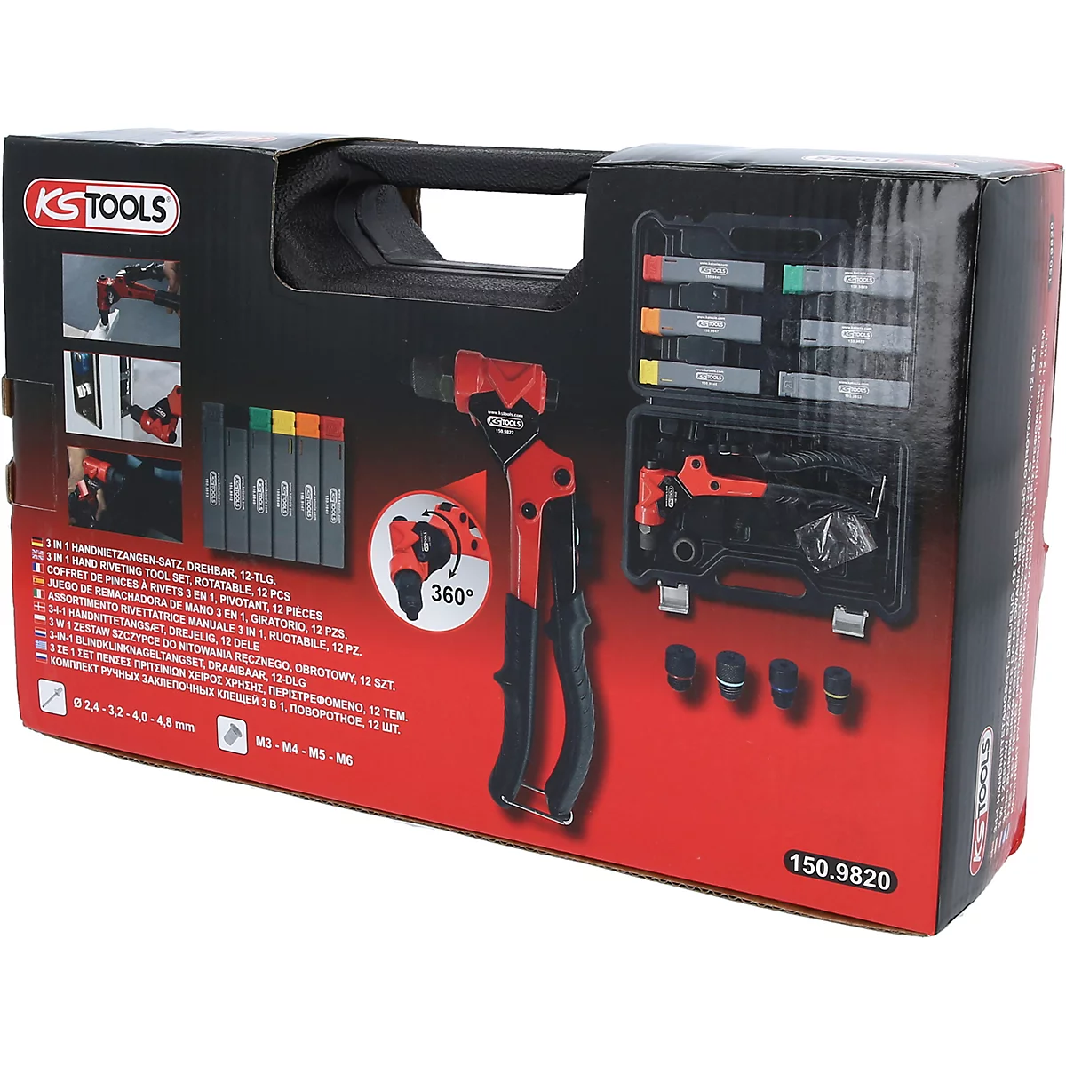 KS Tools 3-in-1 Handnietzangen-Set im Koffer mit rotierbarem Kopf und Zubehörteilen.