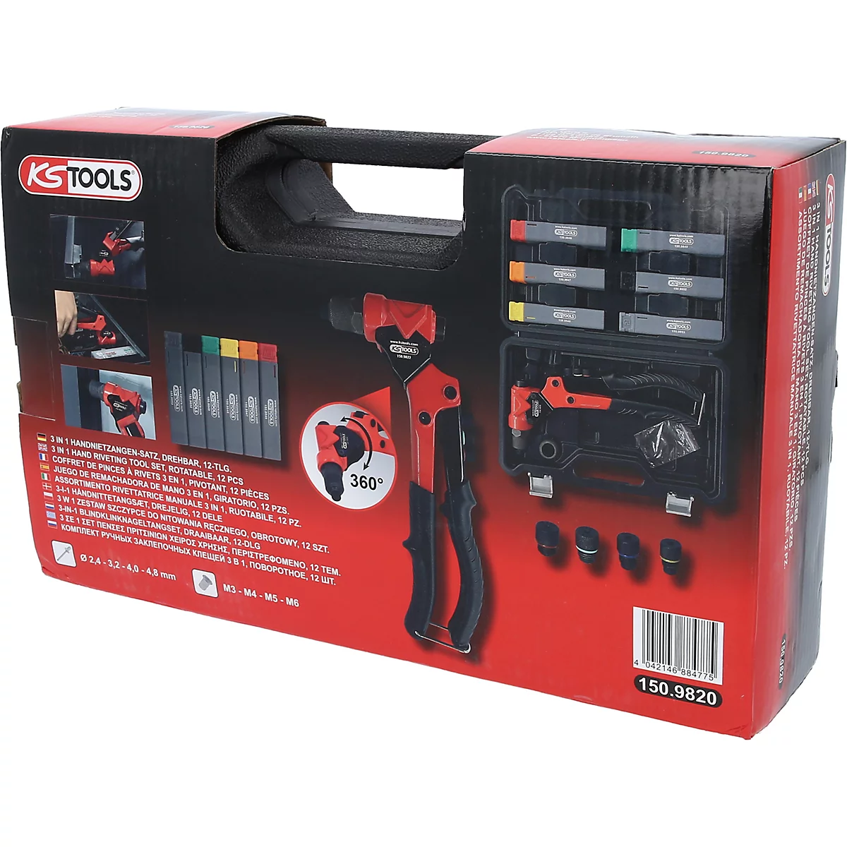 KS Tools Handnietzangen-Set in schwarz-roter Verpackung mit Produktabbildung und Zubehör.