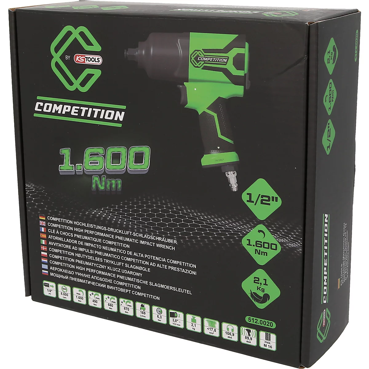 Schwarze Produktverpackung eines KS Tools Druckluft-Schlagschraubers mit grünem Branding und technischen Daten.