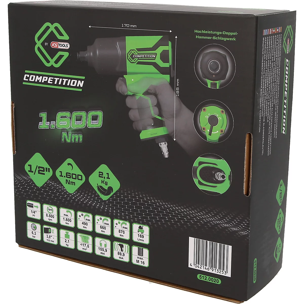 Schwarze Produktverpackung eines KS Tools Druckluft-Schlagschraubers mit grünen Akzenten und technischen Angaben.