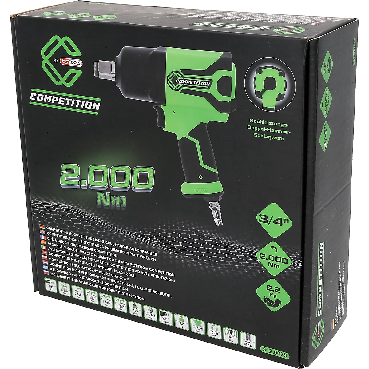 Schwarze Produktverpackung eines grünen KS Tools Druckluft-Schlagschraubers mit 2.000 Nm Beschriftung.