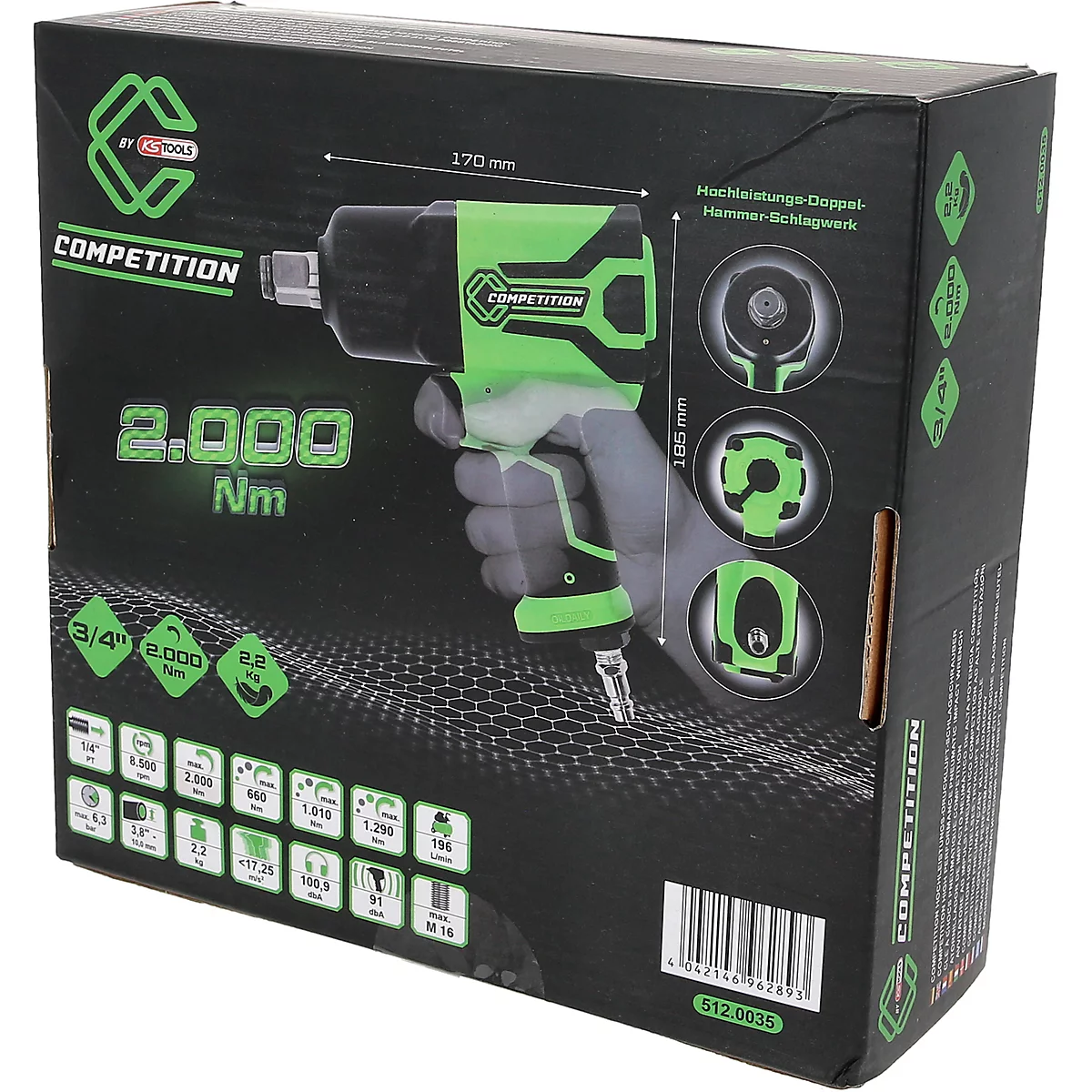 Verpackung eines KS Tools Druckluft-Schlagschraubers Competition mit Produktabbildung und technischen Daten.
