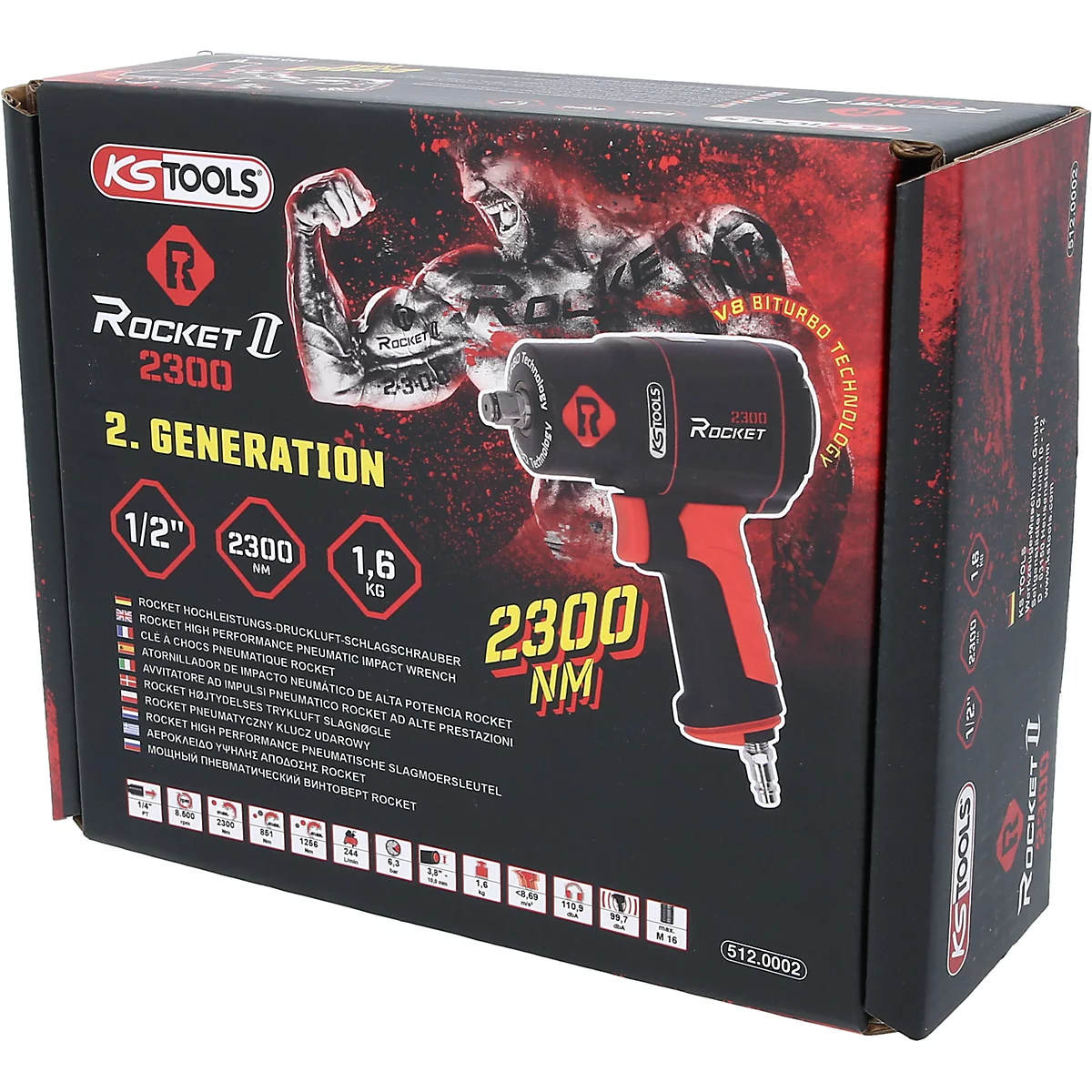 Produktverpackung für den KS Tools Rocket 2300 Druckluft-Schlagschrauber mit technischer Beschreibung.