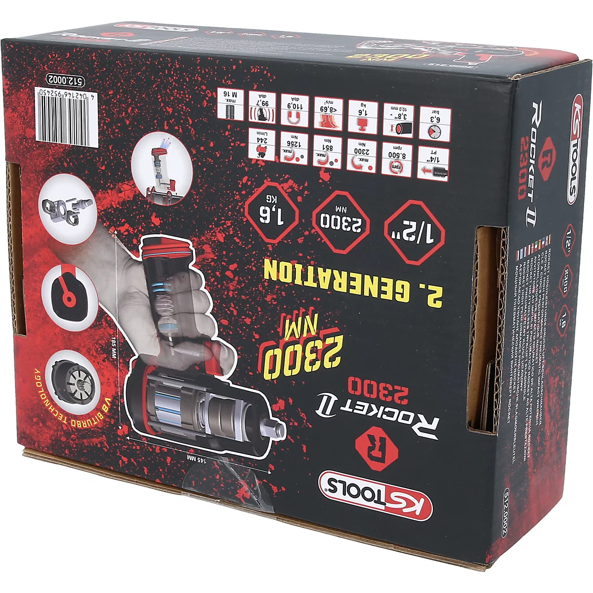 Produktverpackung für KS Tools Rocket 2300 Schlagschrauber mit technischer Beschreibung und Leistungsdaten.