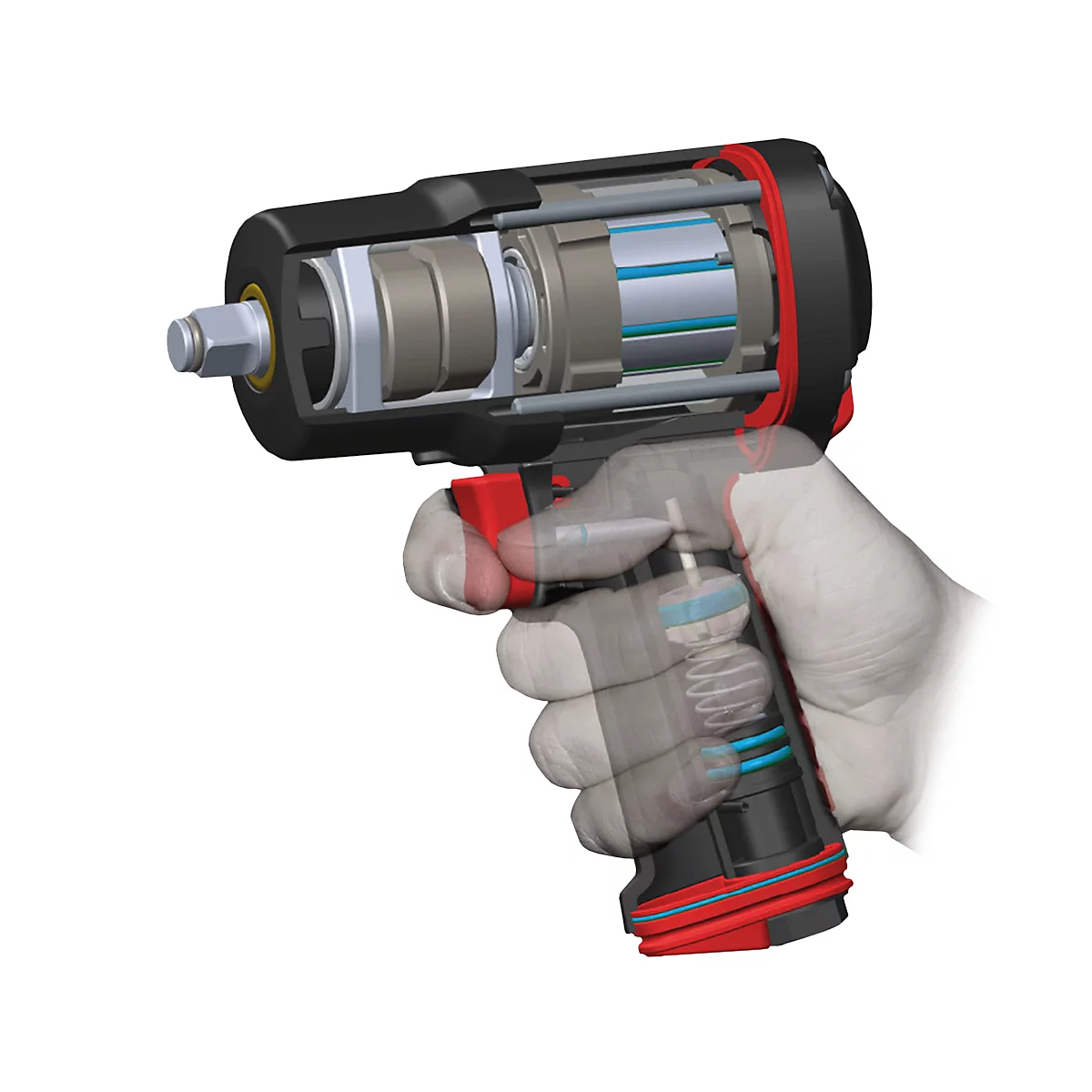 Querschnitt eines Druckluft-Schlagschraubers, in einer Hand gehalten, zeigt das innere mechanische Design.