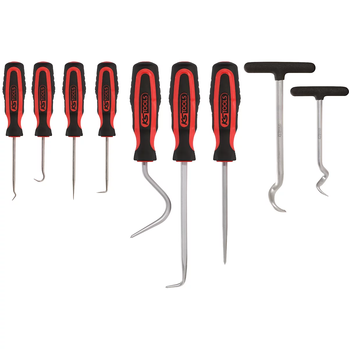 Un ensemble de neuf outils à crochet et grattoirs KS Tools différents avec des poignées noir et rouge sur fond blanc.