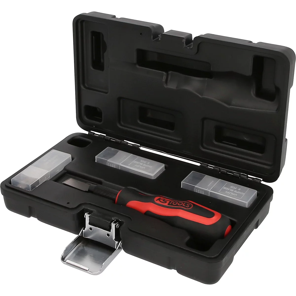 Geöffneter schwarzer Kunststoffkoffer mit einem KS Tools Schlitzschraubendreher und Ersatzklingen in durchsichtigen Boxen.