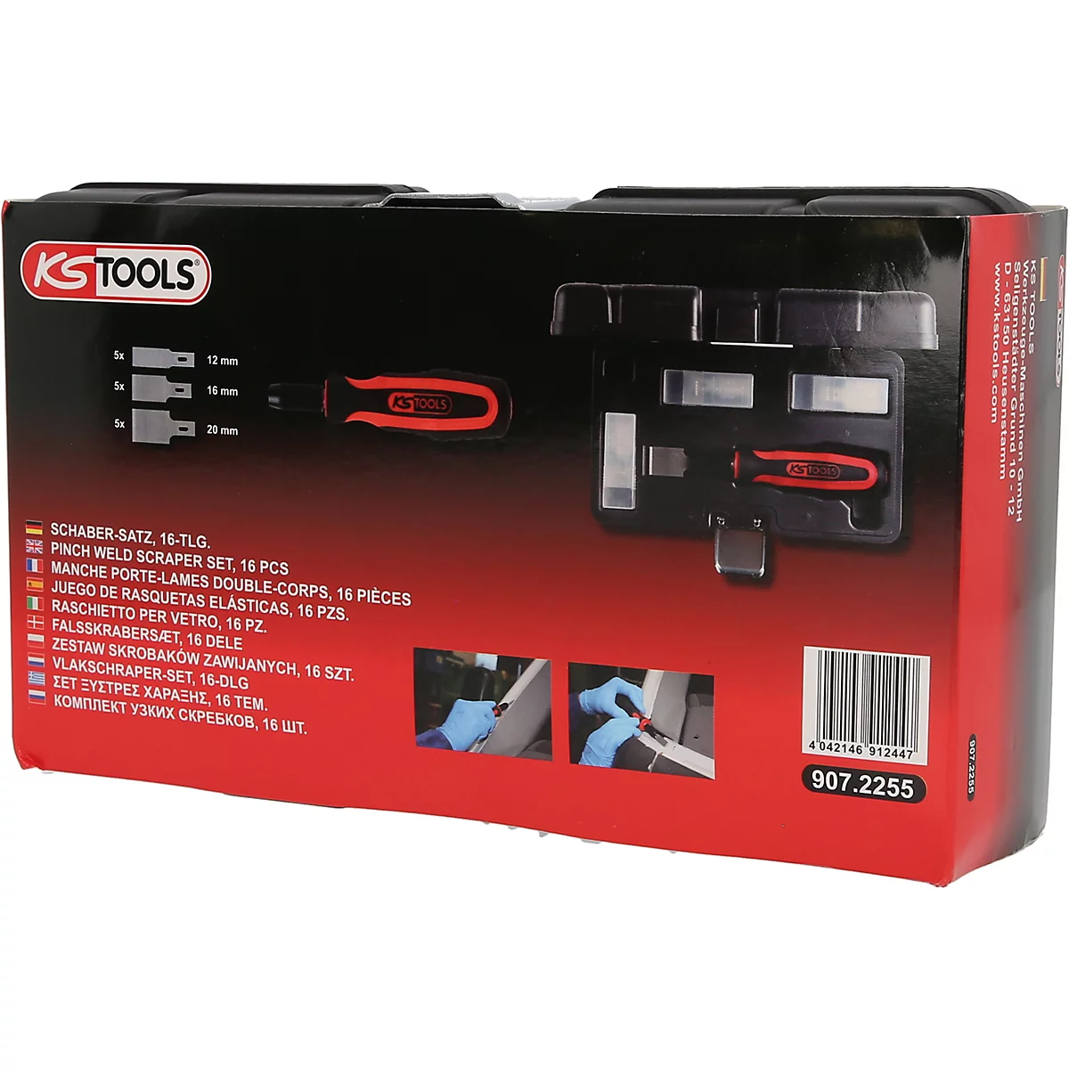 KS Tools Schaber-Set in schwarzer Aufbewahrungsbox mit rotem Branding.