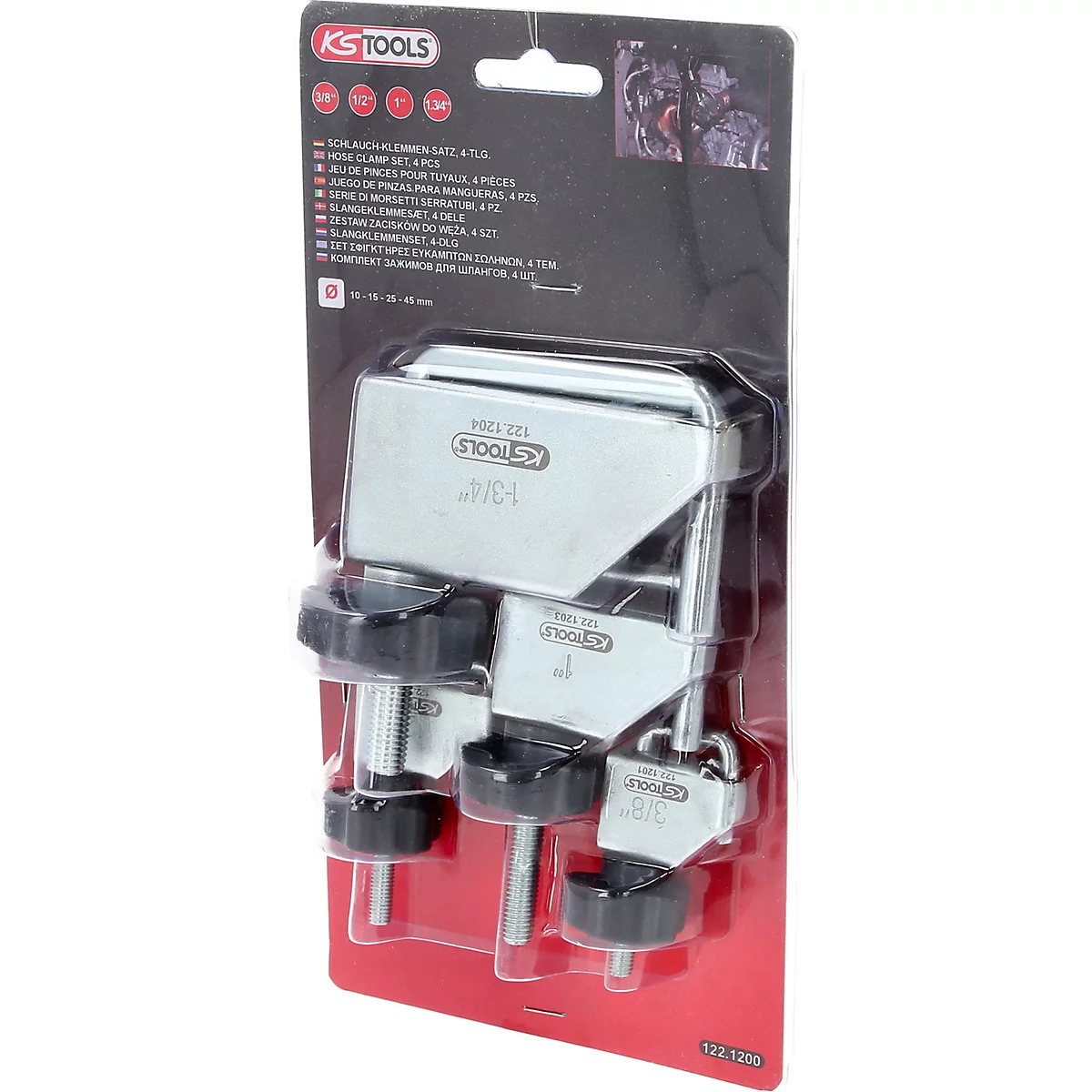 KS Tools Schlauchklemmensatz in Blisterverpackung mit vier verschiedenen Metall-Schlauchklemmen und schwarzen Drehgriffen.