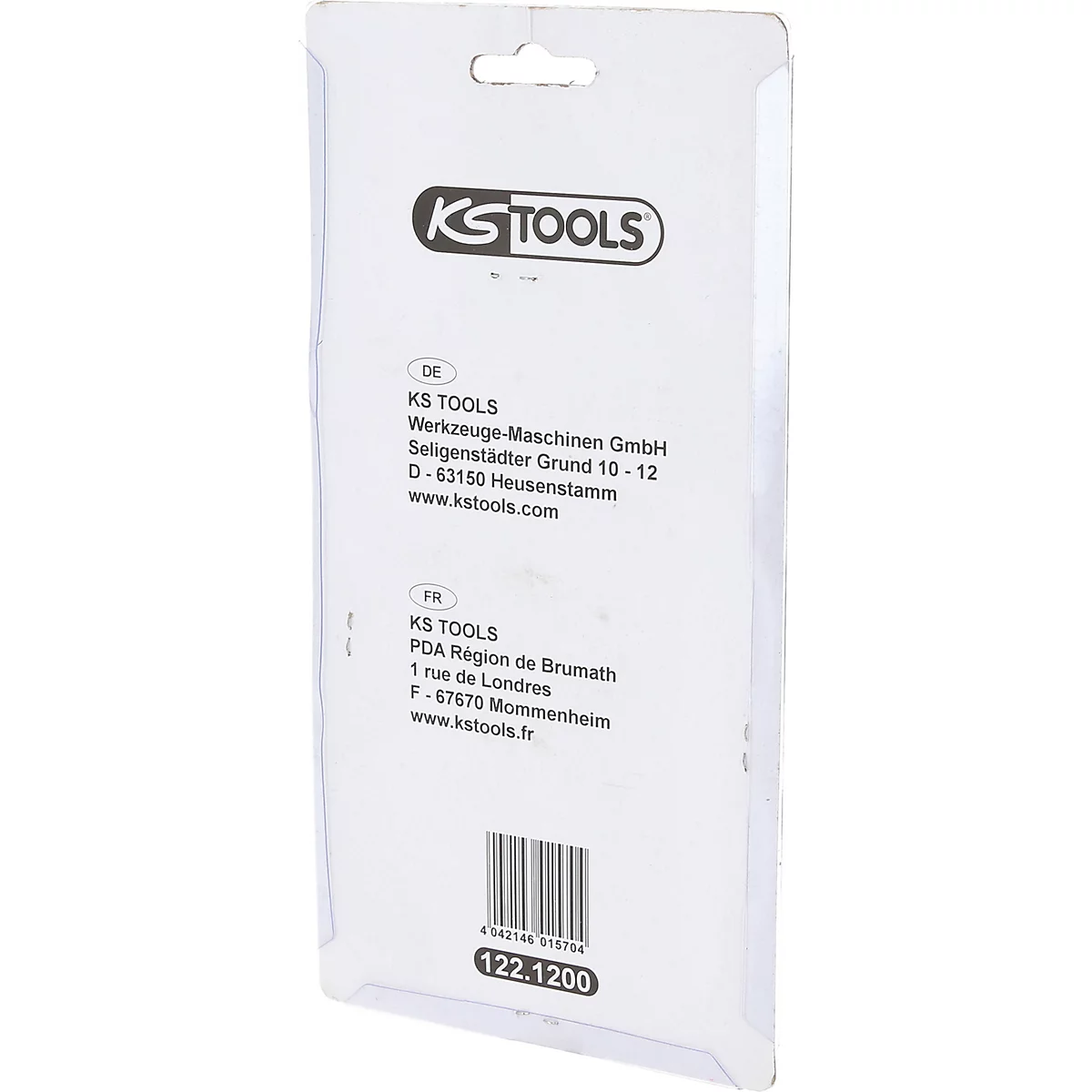 Rückseite einer transparenten Kunststoff-Blisterverpackung von KS Tools mit Firmenadressen und Barcode.