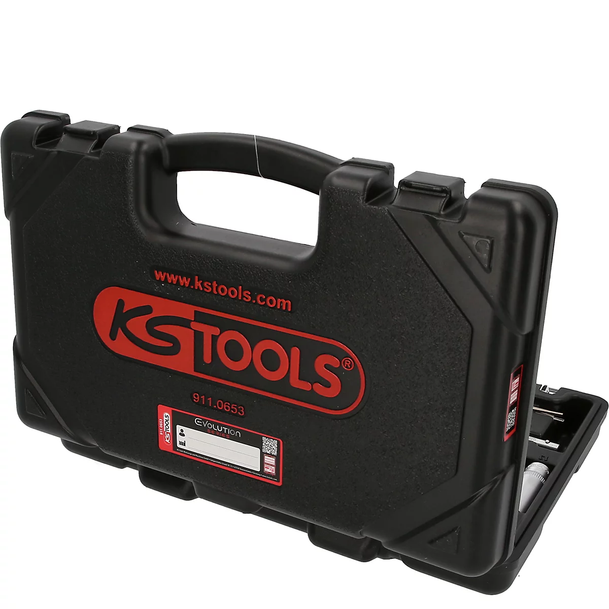 Schwarzer KS TOOLS Werkzeugkoffer aus Kunststoff mit rotem Logo vor weißem Hintergrund.