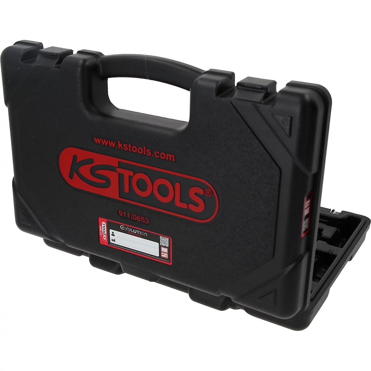 Schwarzer Werkzeugkoffer von KS Tools mit rotem Logo, Tragegriff und leeren Beschriftungsfeldern.