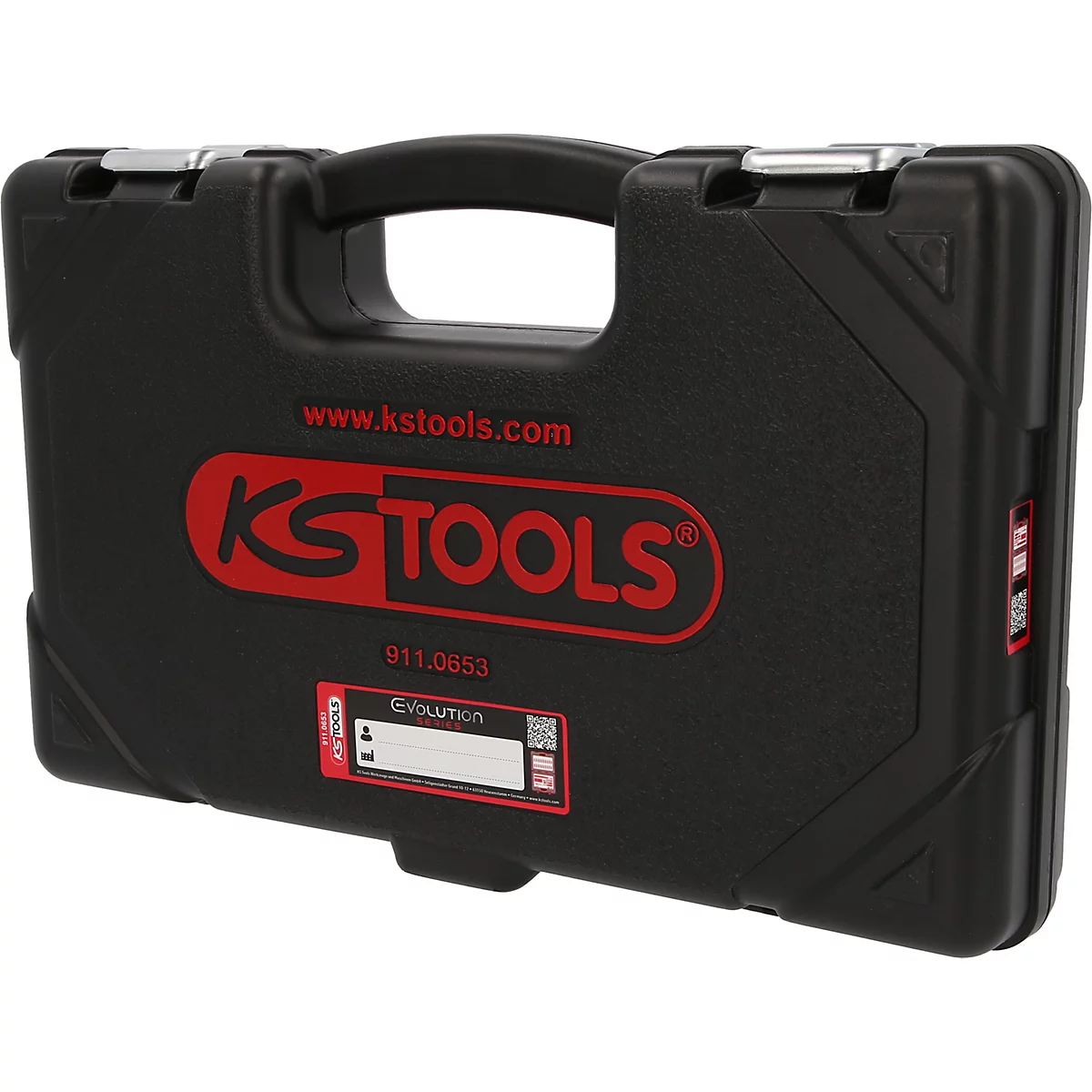 Schwarzer Werkzeugkoffer aus Kunststoff von KS Tools mit rotem Logo auf der Vorderseite.