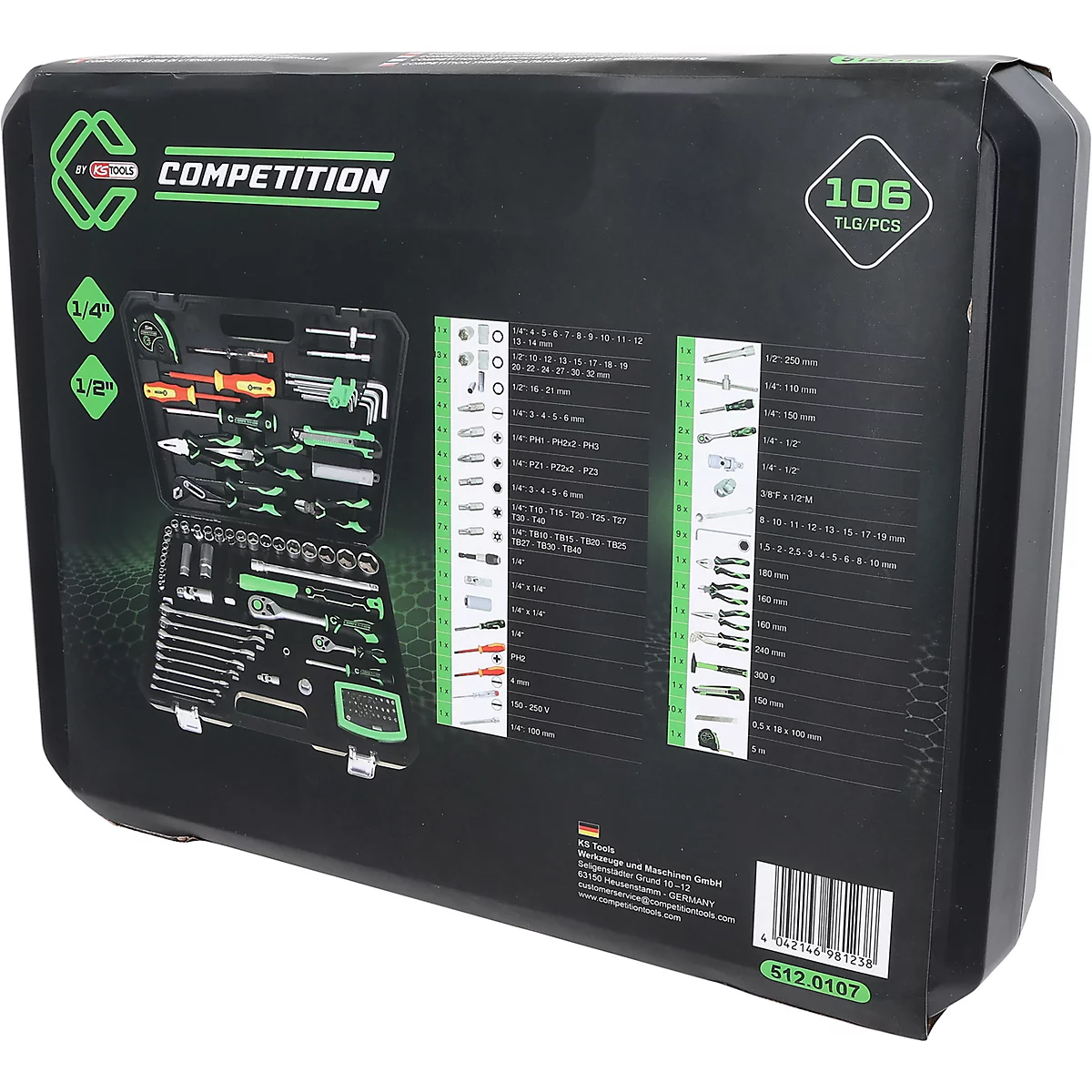Schwarzer Werkzeugkoffer KS Tools Competition mit 106 Teilen, detaillierte Inhaltsübersicht auf der Vorderseite.