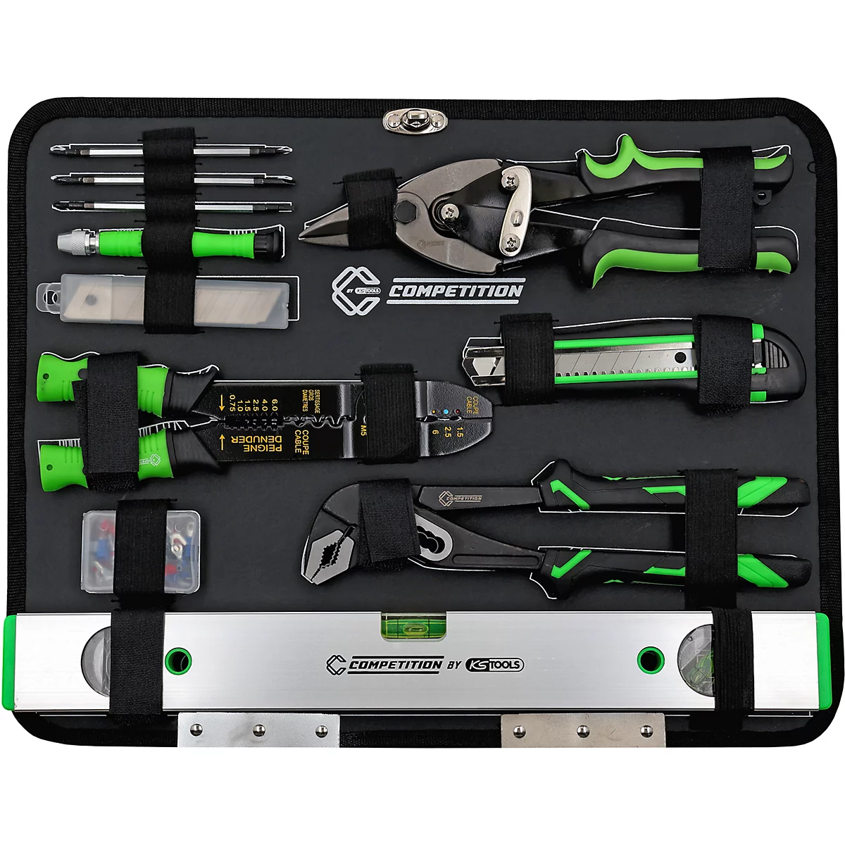 Werkzeug-Set von KS Tools in einer schwarzen Tasche mit grünen Akzenten.