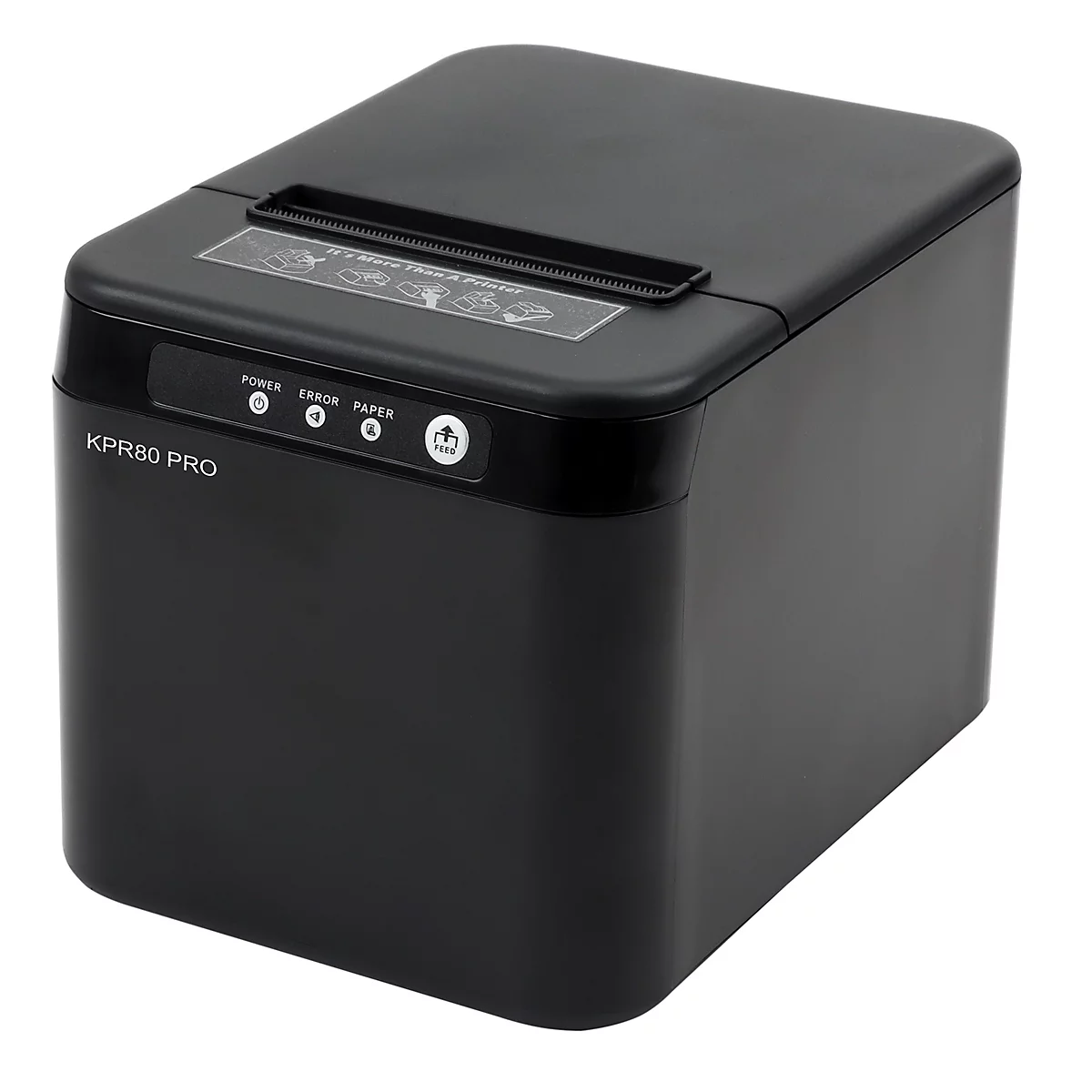 Schwarzer Kassenbondrucker mit Bedienfeld. Aufschrift "KPR80 PRO". Oben ein Spalt für Papier.