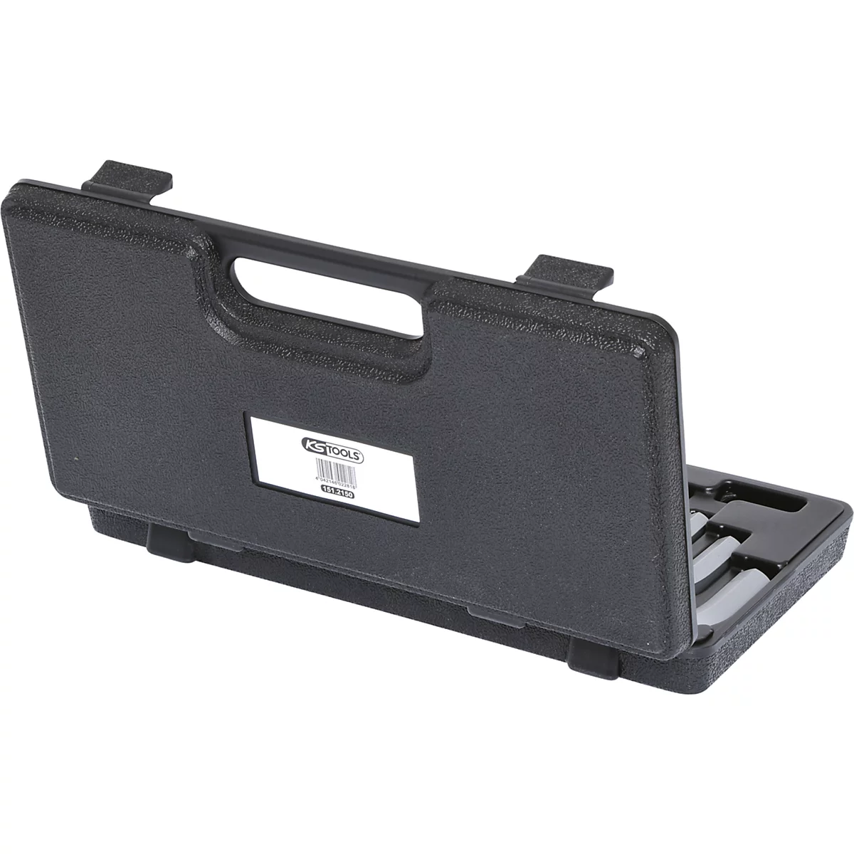 Schwarzer Werkzeugkasten mit Griff und KS TOOLS Aufkleber.