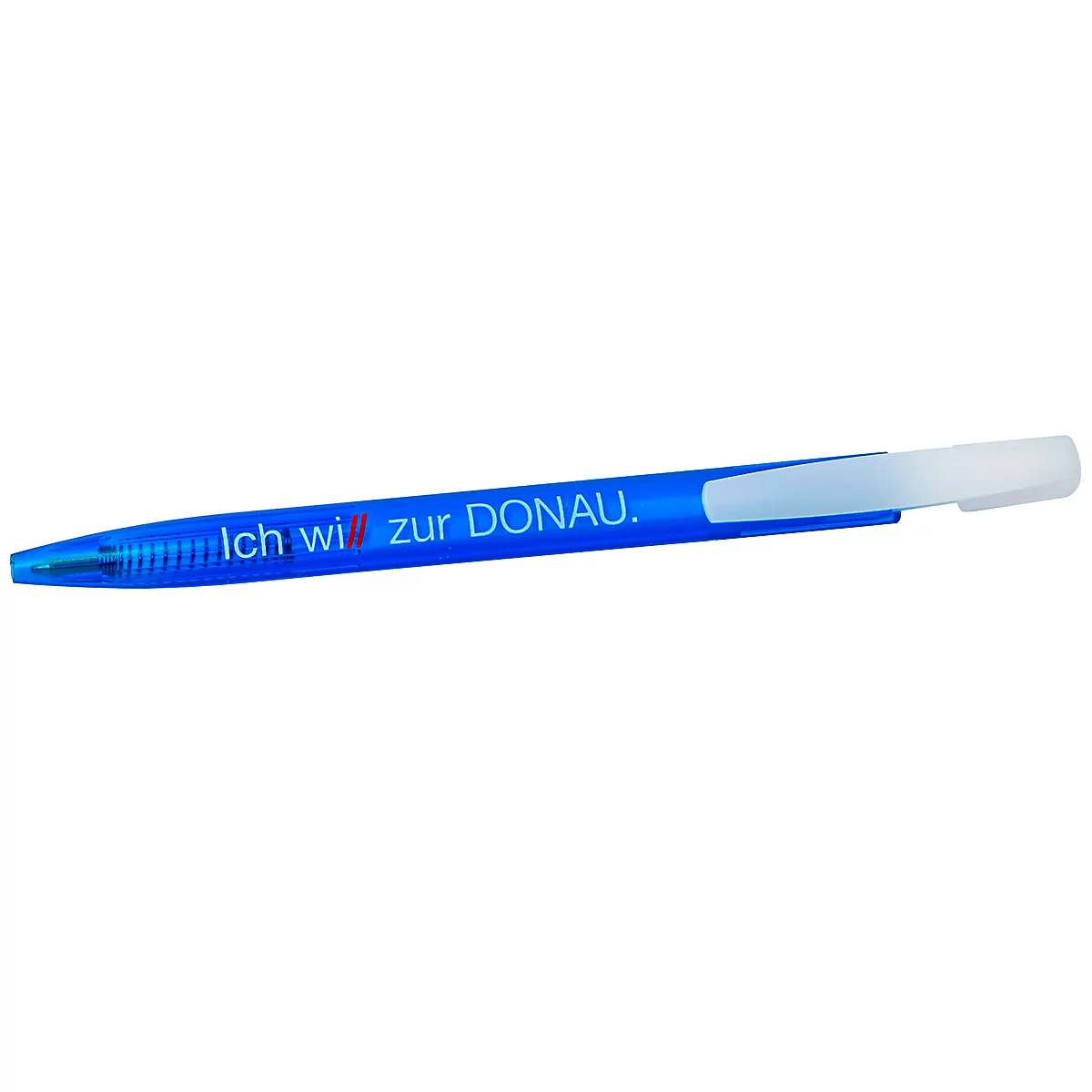 Blauer Kugelschreiber mit weißem Clip, Text: Ich will zur DONAU.