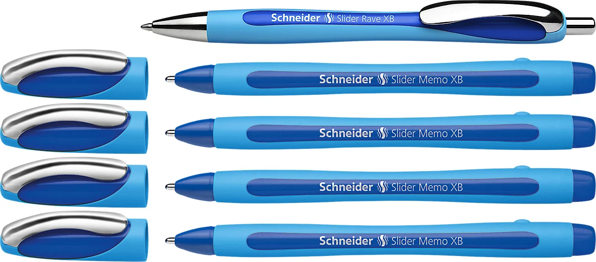 Kugelschreiber Etui Schneider, 4 x Slider Memo XB Schreibfarbe schwarz + 1 x Slider Rave XB Schreibfarbe blau, dokumentenecht, ViscoGlide®-Technologie