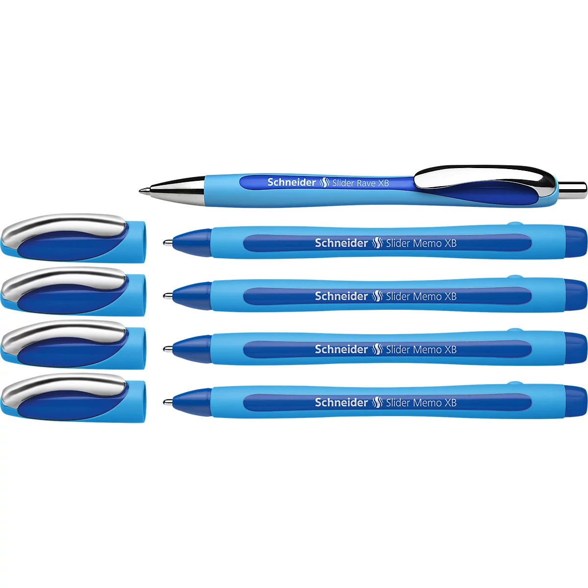 Kugelschreiber Etui Schneider, 4 x Slider Memo XB Schreibfarbe schwarz + 1 x Slider Rave XB Schreibfarbe blau, dokumentenecht, ViscoGlide®-Technologie