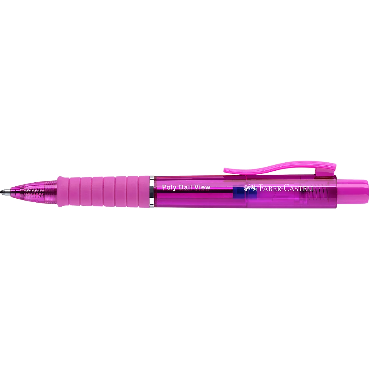 Ein pinker Faber-Castell Poly Ball View Kugelschreiber vor weißem Hintergrund.