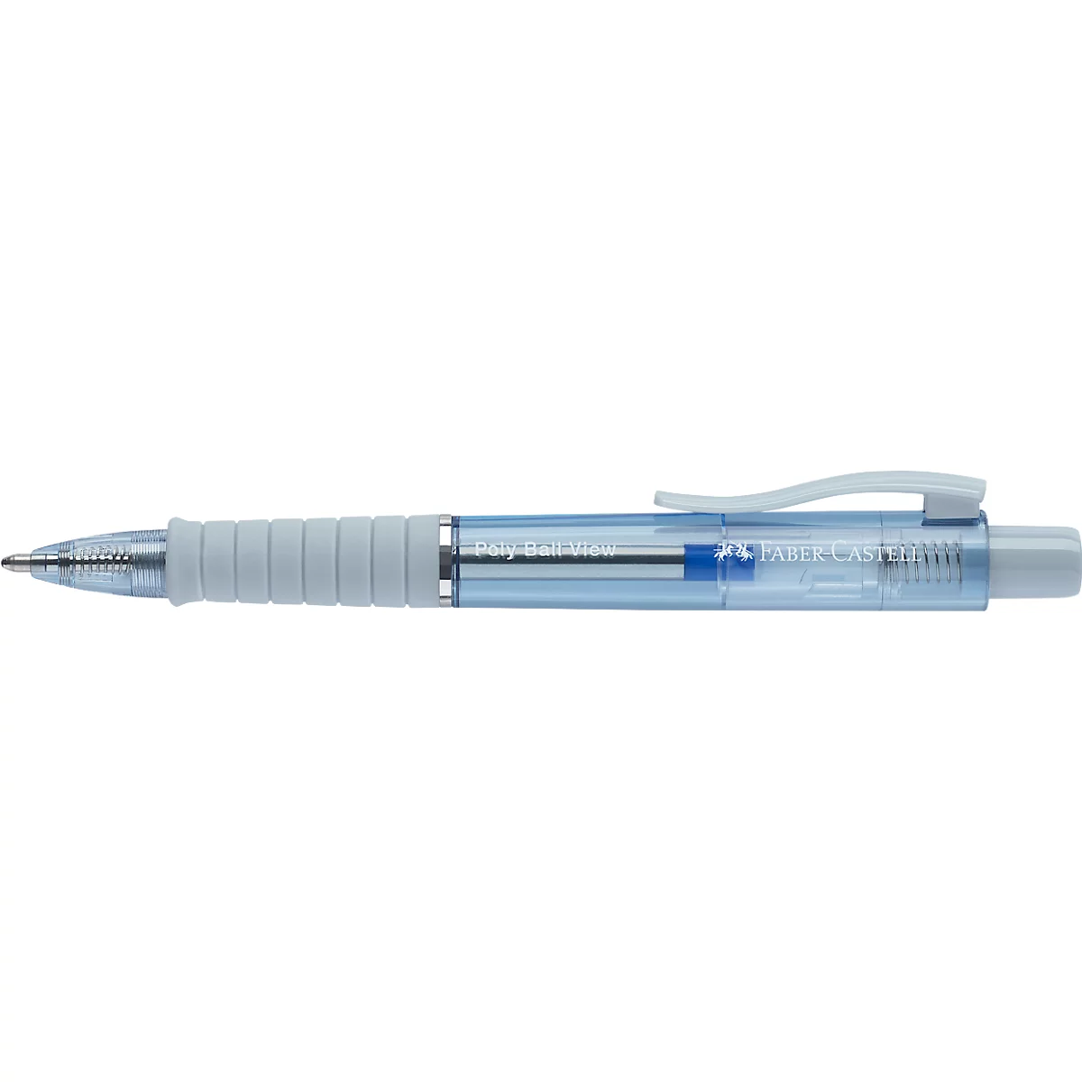Blauer, transparenter Faber-Castell Poly Ball View Kugelschreiber mit geriffelter Griffzone.