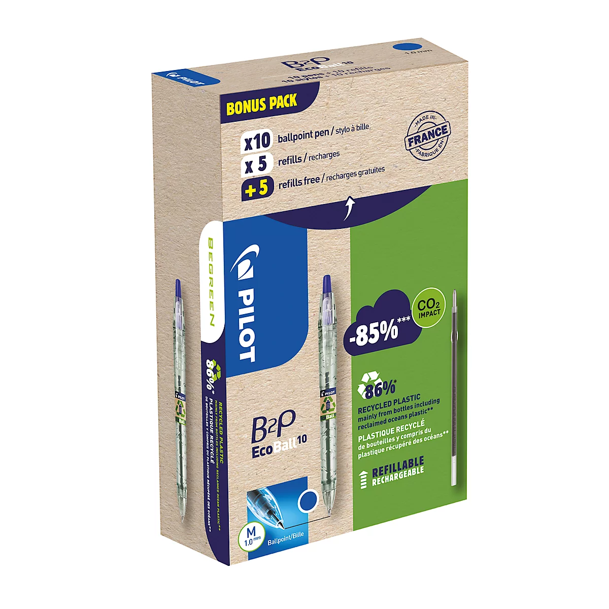 Verpackung mit Kugelschreibern von Pilot. Text: 'BONUS PACK', 'B2P Eco ball 10', 'Refillable'.