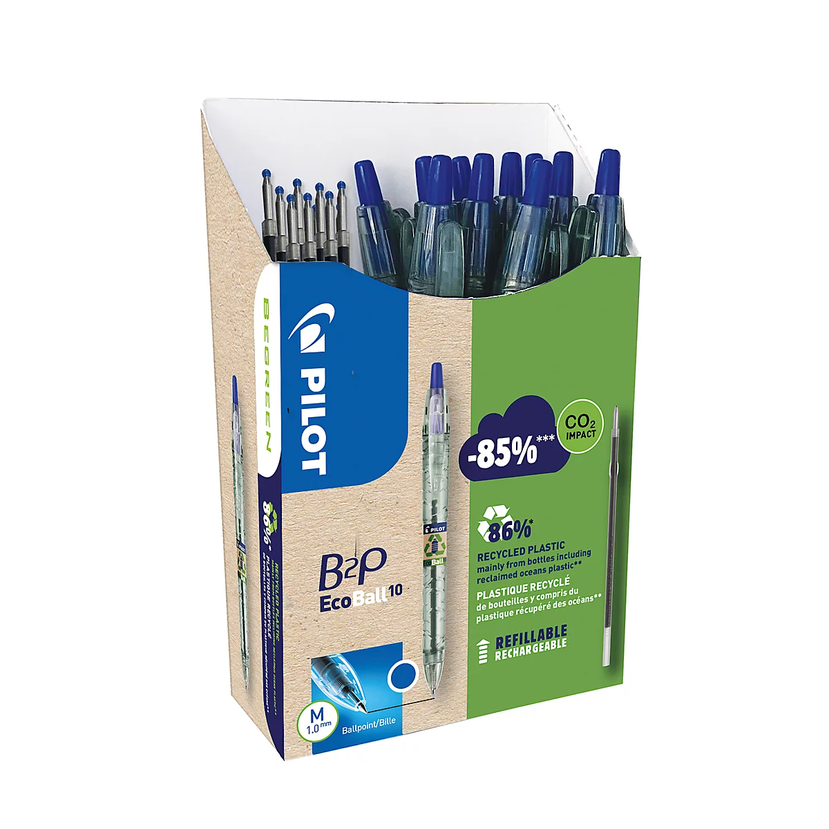 Stifte in einer Pappbox. Blaue Stifte sind sichtbar, Aufdruck 'Pilot', 'B2P EcoBall'