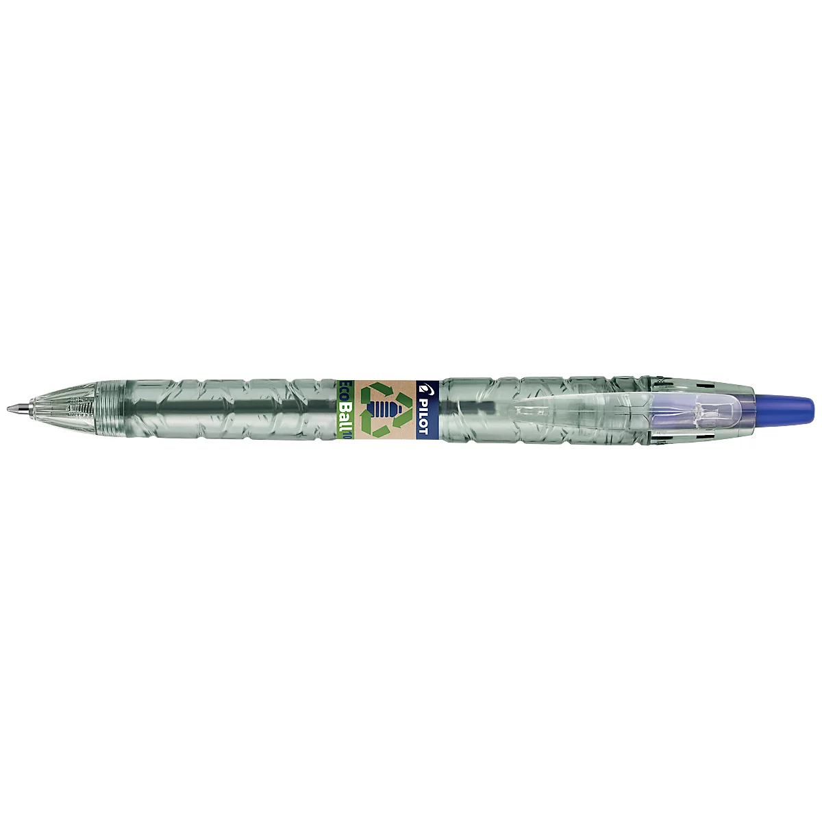 Ein transparenter, grüner Stift. Auf dem Stift befinden sich Logos, unter anderem das Recycling-Symbol.