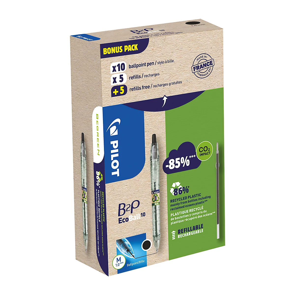 Eine Packung Pilot B2P EcoBall 10 Kugelschreiber. Aufdrucke zeigen: recyceltes Plastik, Nachfüllbar, Bonus Pack, -85% CO2-Auswirkung.