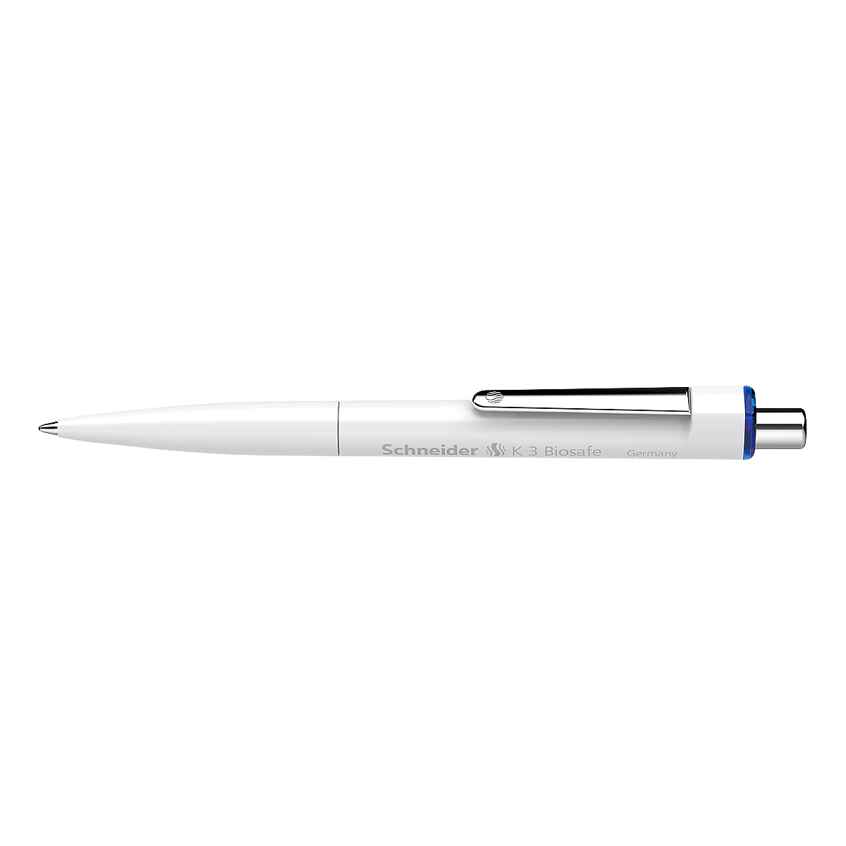 Ein weißer Kugelschreiber mit silbernem Clip und blauer Spitze. Der Stift hat den Schriftzug 'Schneider'.