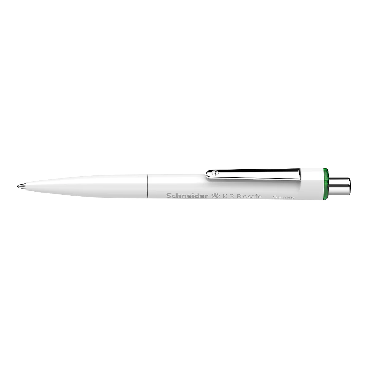 Weißer Kugelschreiber, Metallclip, grüner Akzent am Ende. Aufdruck: Schneider.