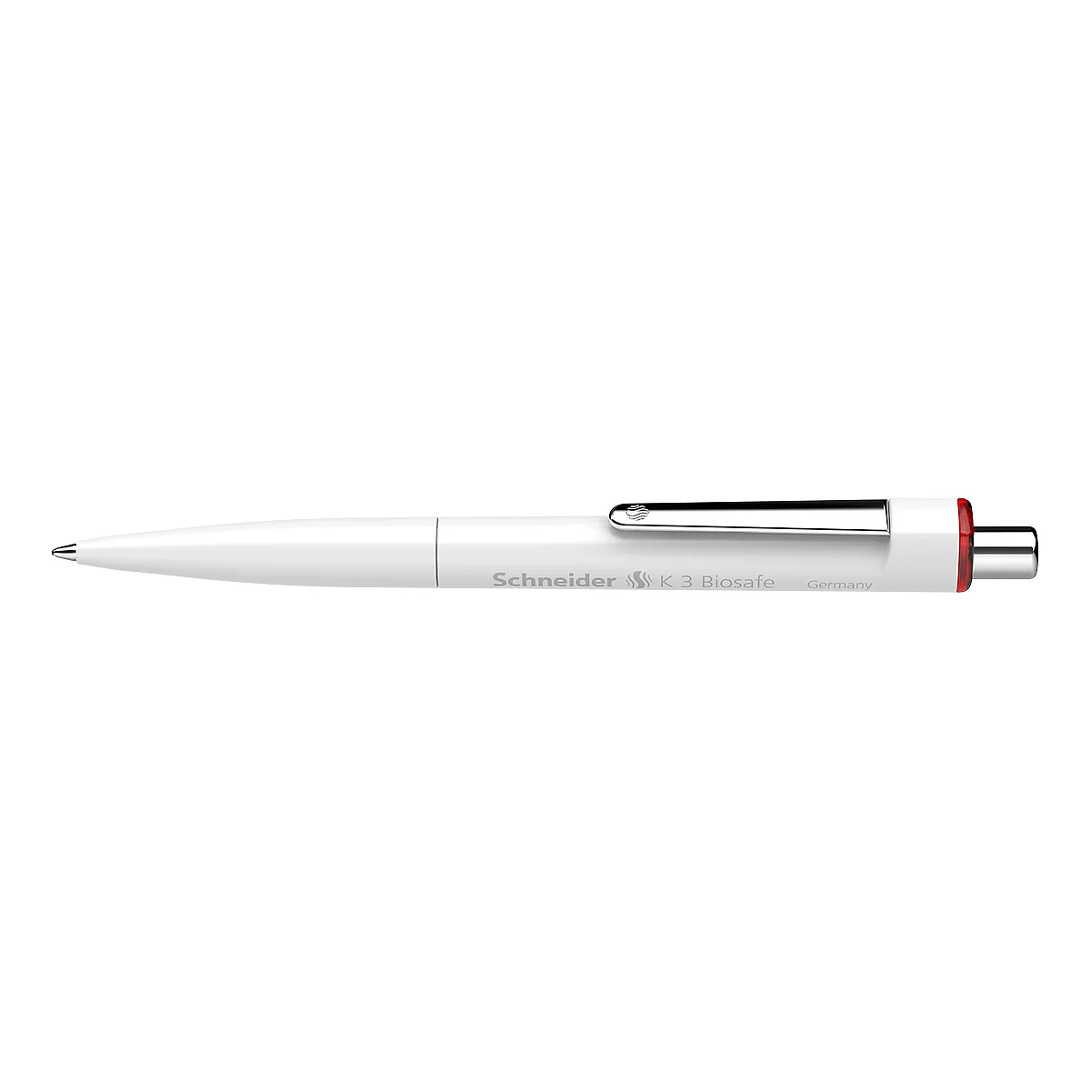 Weißer Kugelschreiber mit roter Spitze und Clip, darauf steht Schneider.